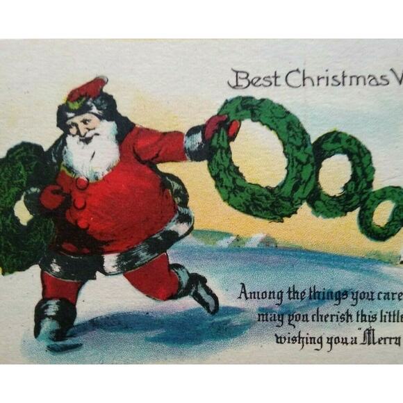 Santa Claus Throws Xmas Wreathes Christmas Postcard Metropolitan News Unused 350 - Picture 2 of 4
